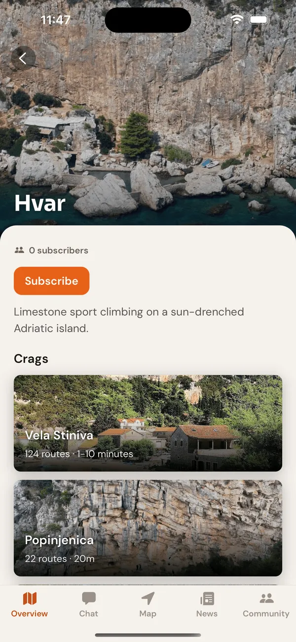 A region in the CragLocal app — its own branded space with crags, news and chat.