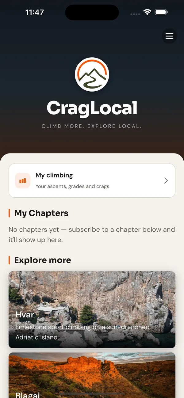 The CragLocal home screen with the My climbing dashboard entry and region cards.